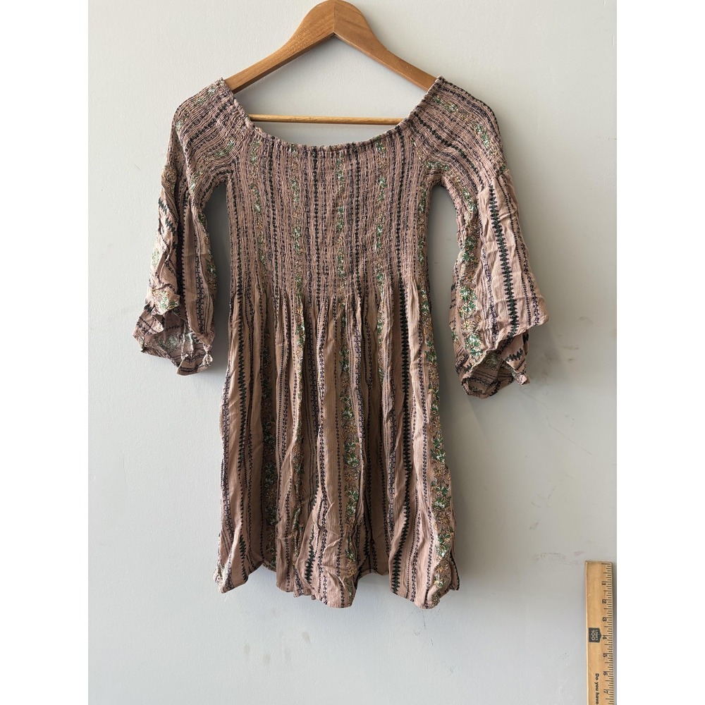 La Miel Dress Womens S Pink Floral Smocked‎ Boho Bell Sleeve Short Swing